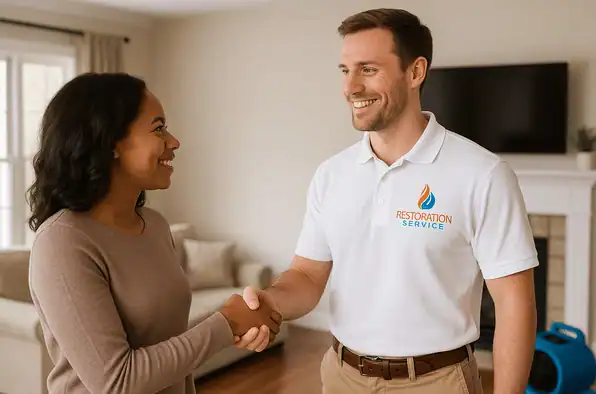 Water Damage in white uniform talking with a woman at her home.